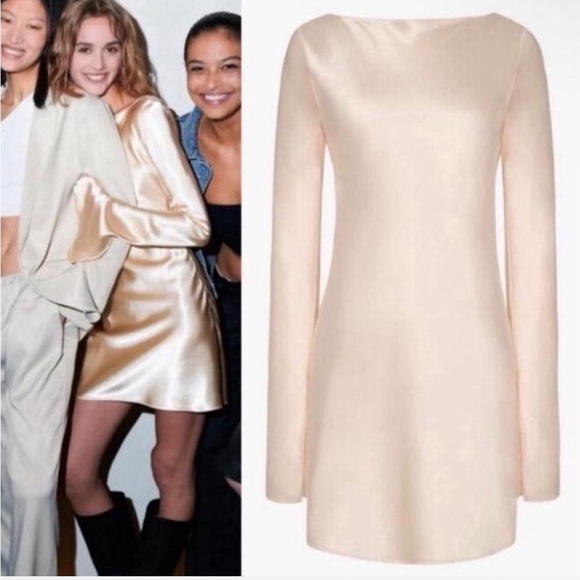 NWT ZARA x KAIA Gerber Nude Satin Long Bell Sleeve Mini Dress S - Picture 2 of 5
